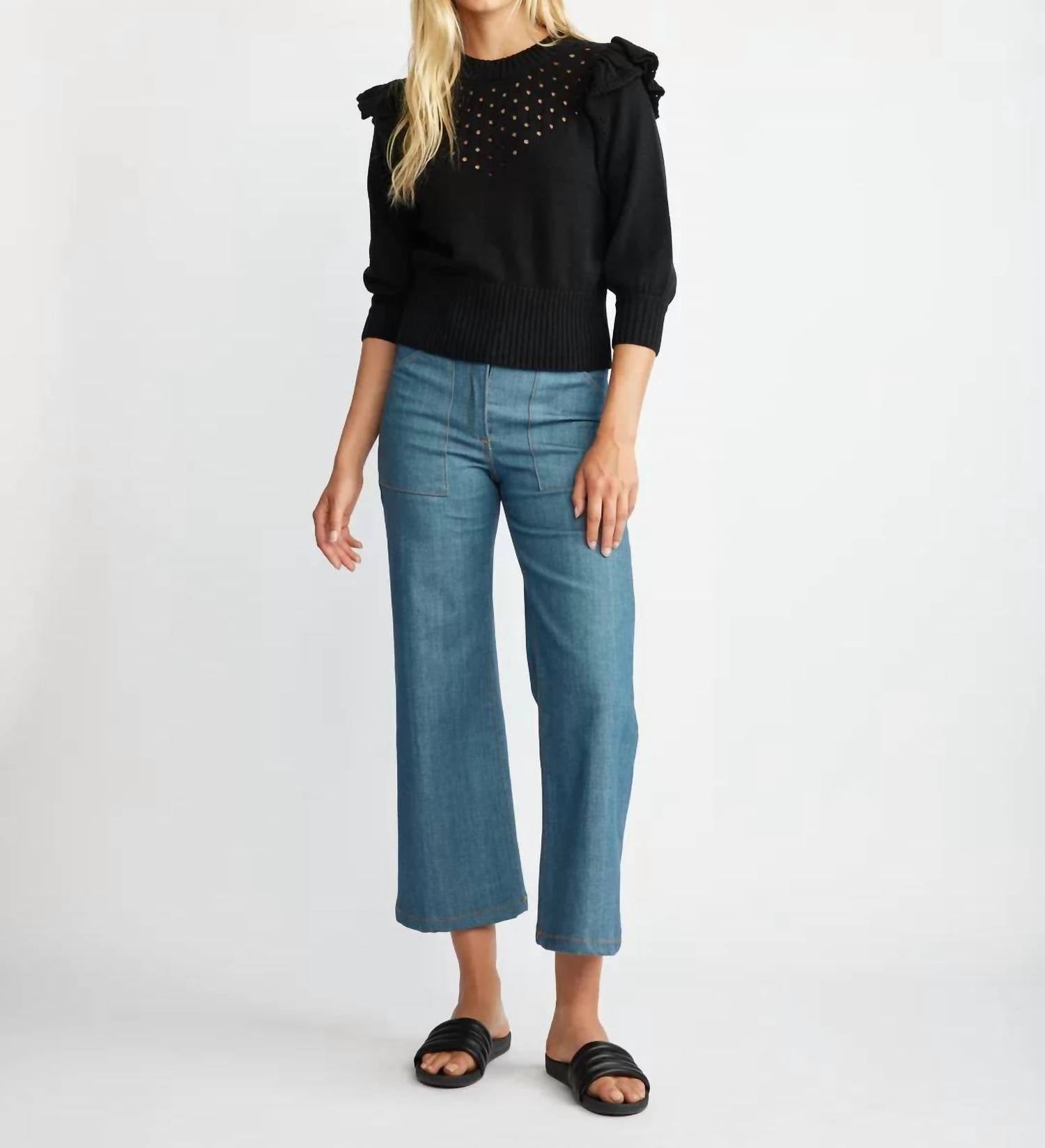 Self Contrast - Gwyneth Ruffle Sweater - black - clothing - cotton