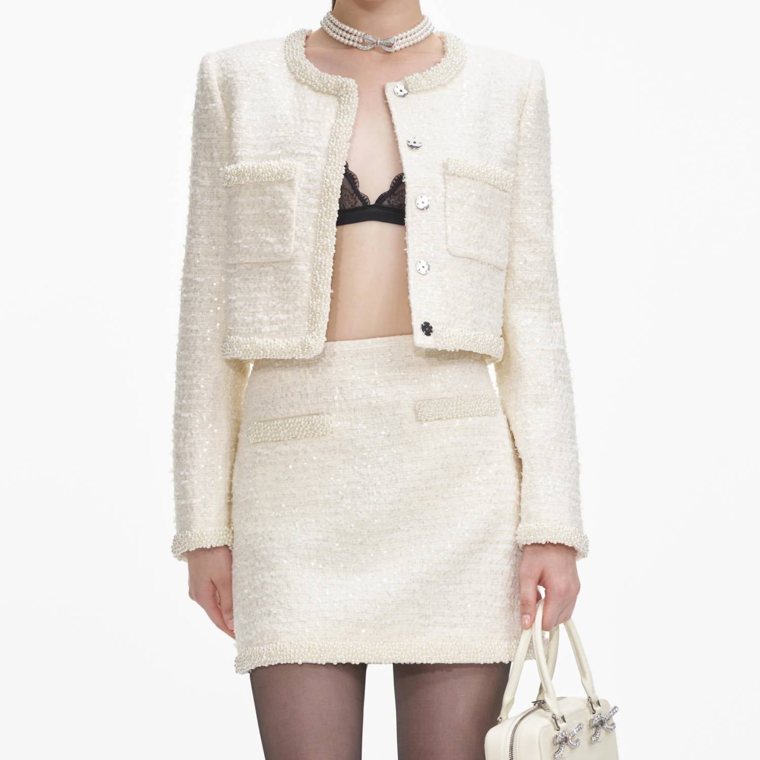 Self - Portrait - Boucle Pearl Trim Mini Skirt - clothing - mini - mini - skirts