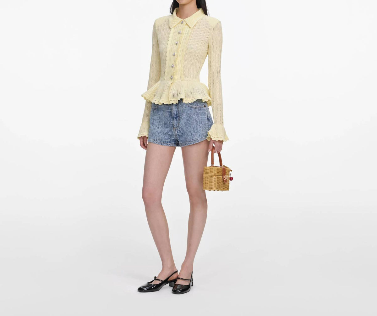Self-Portrait - Rhinestone Croc Effect Denim Short