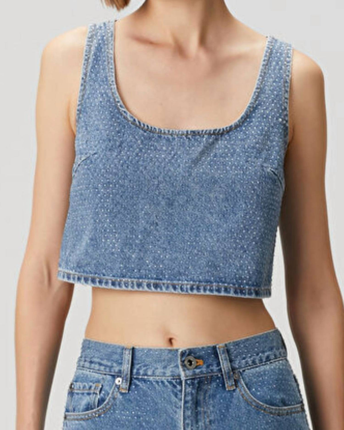 Self-Portrait - Rhinestone Denim Crop Top