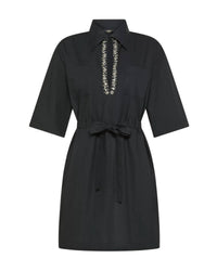 Seventy - Women's Short Dress In Plain Poplin With Stone Embroidery - black - clothing - cotton
