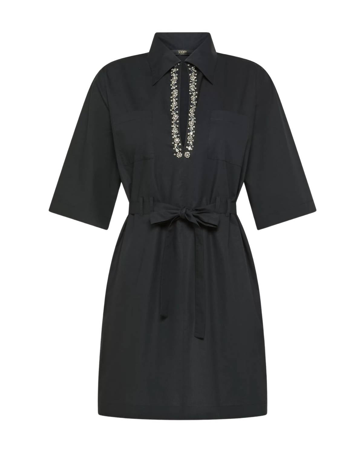 Seventy - Women's Short Dress In Plain Poplin With Stone Embroidery - black - clothing - cotton