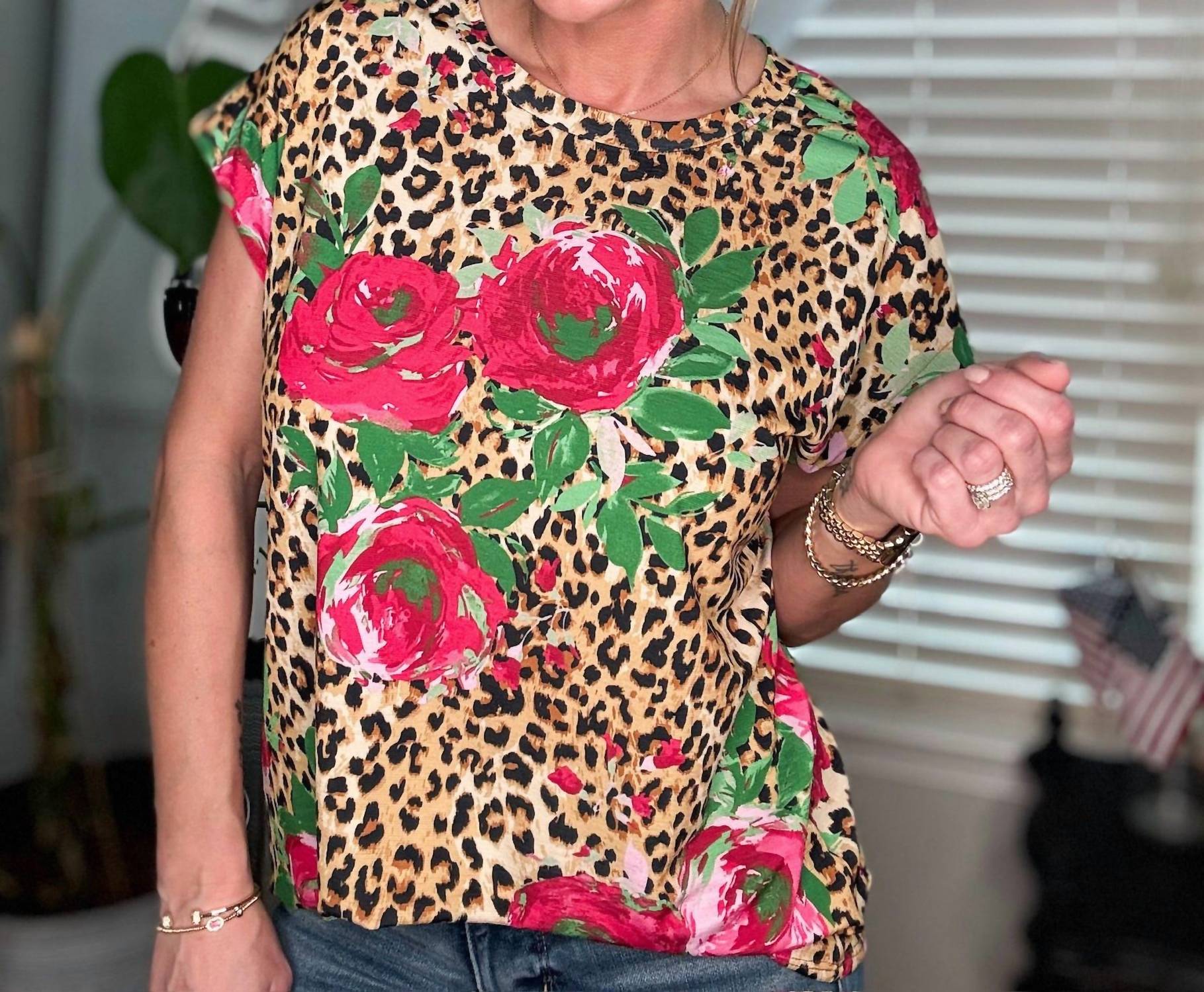 Sew In Love - Leopard And Floral Print Top - animal - blouses - brown
