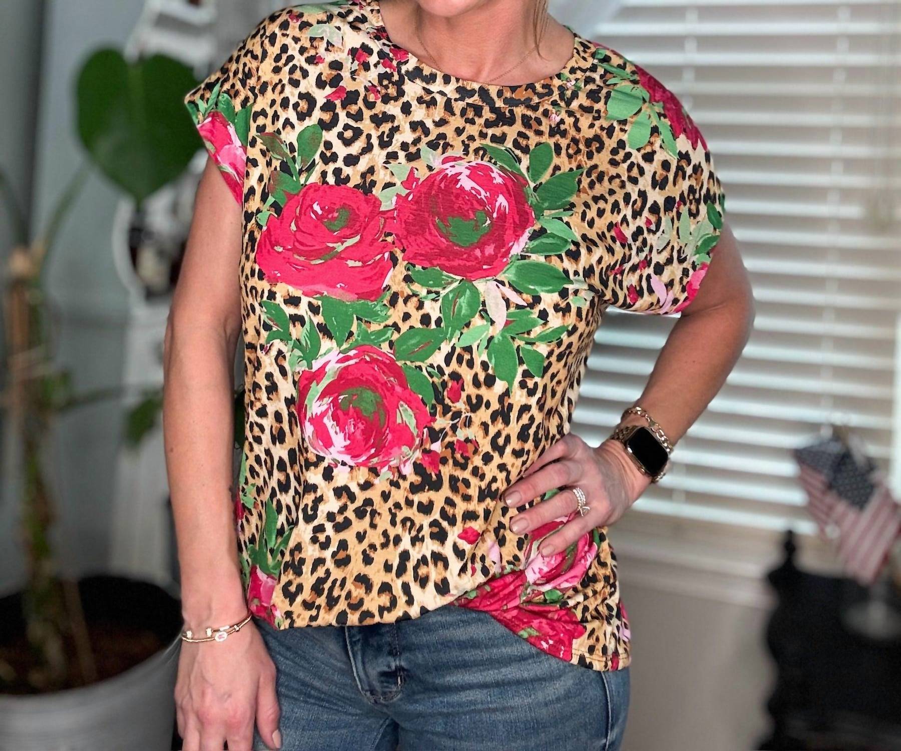 Sew In Love - Leopard And Floral Print Top - animal - blouses - brown