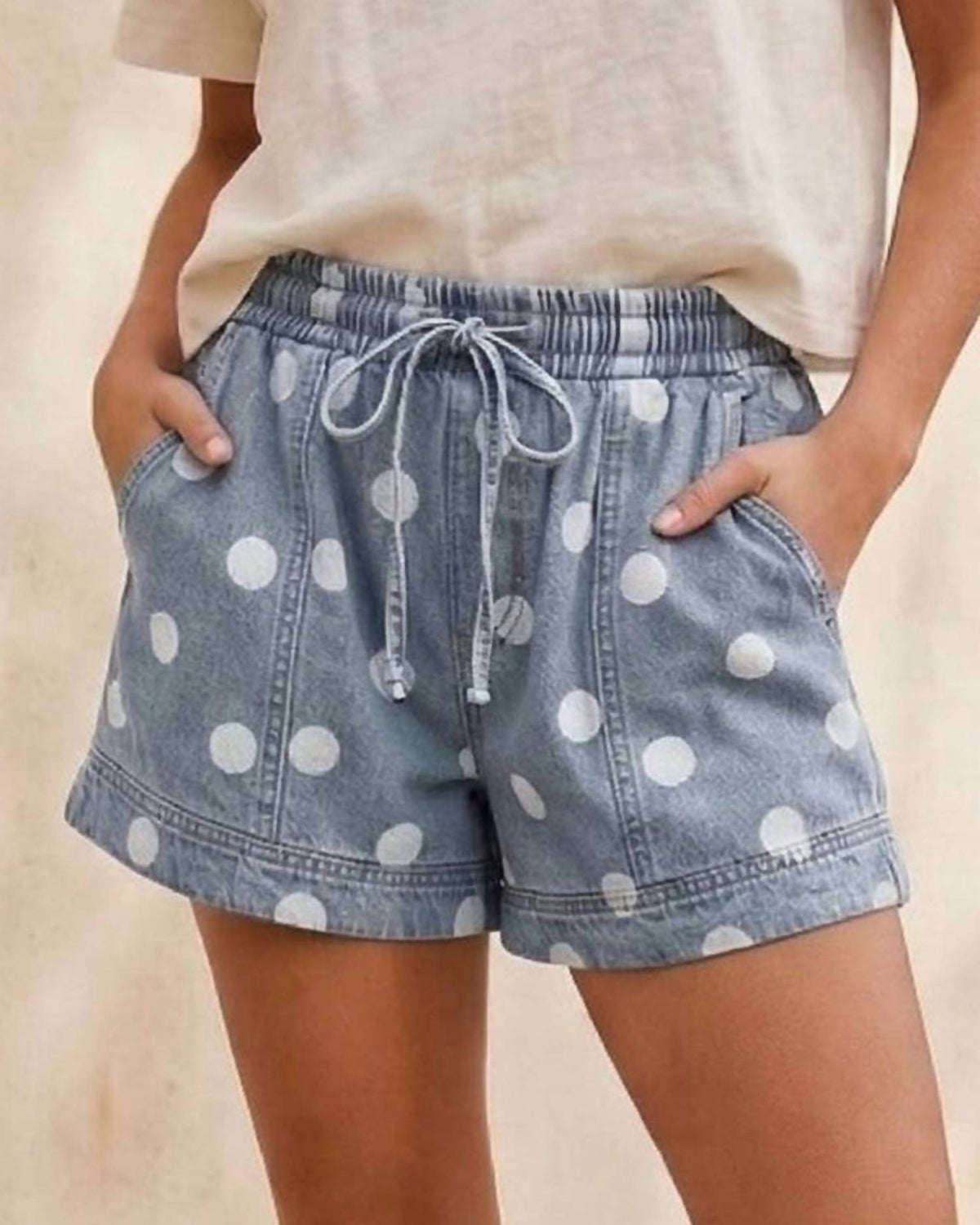 Sewn And Seen - Polka Dot Drawstring Denim Shorts
