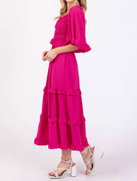 She + Sky - Bell Sleeve Square Neck Smocked Tiered Midi Dress