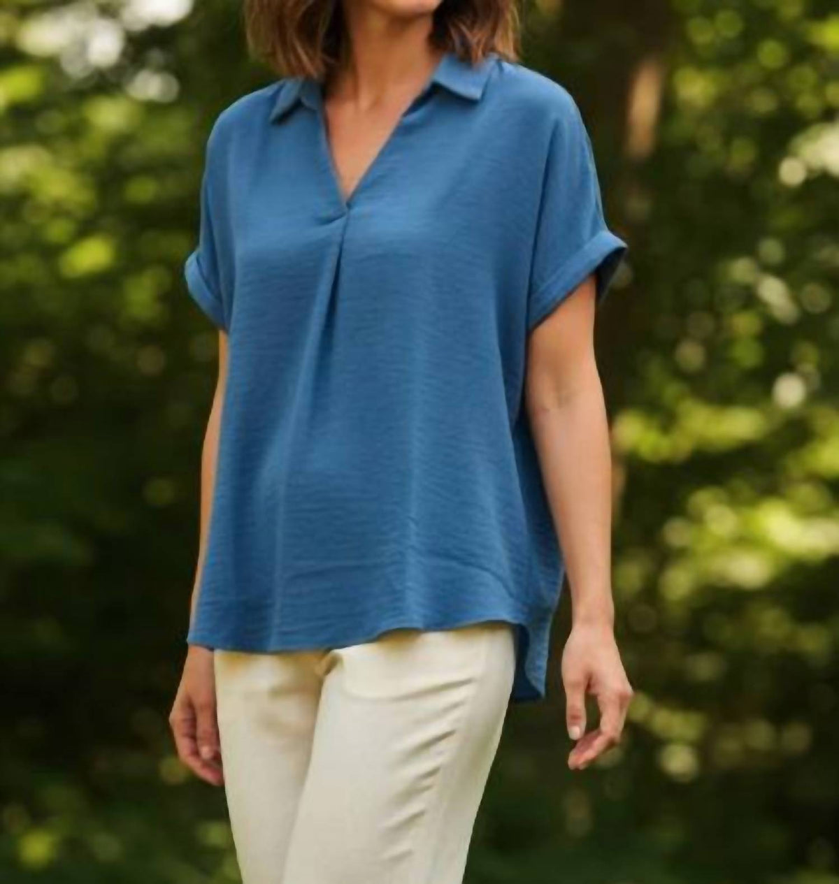 She + Sky - Drop Shoulder Collared Woven Top