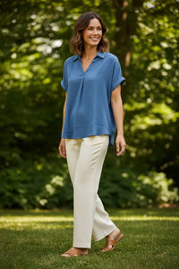 She + Sky - Drop Shoulder Collared Woven Top