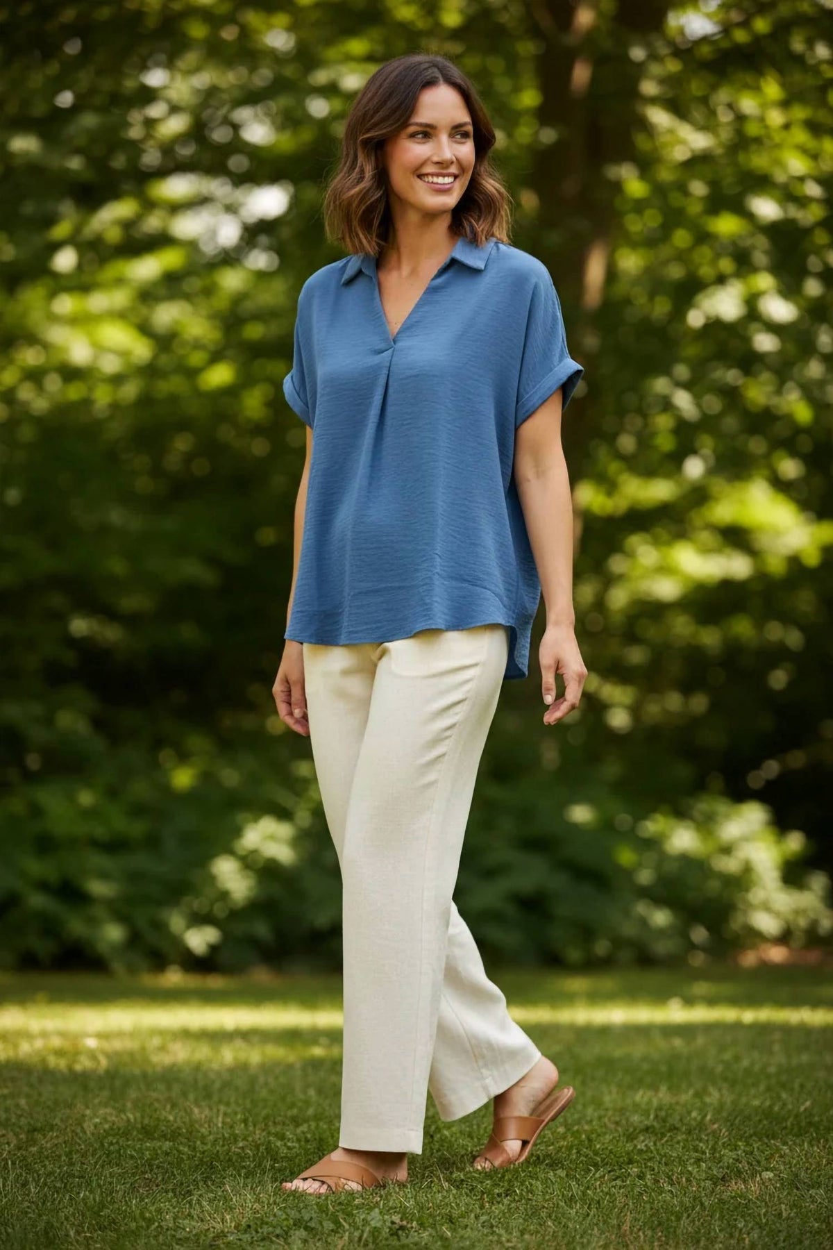 She + Sky - Drop Shoulder Collared Woven Top