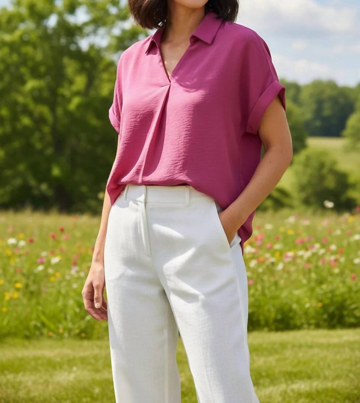 She + Sky - Drop Shoulder Collared Woven Top