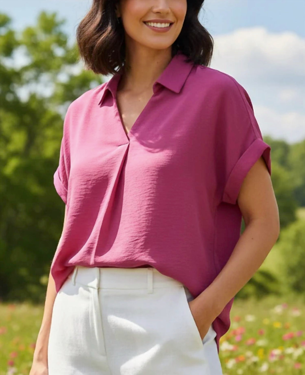 She + Sky - Drop Shoulder Collared Woven Top