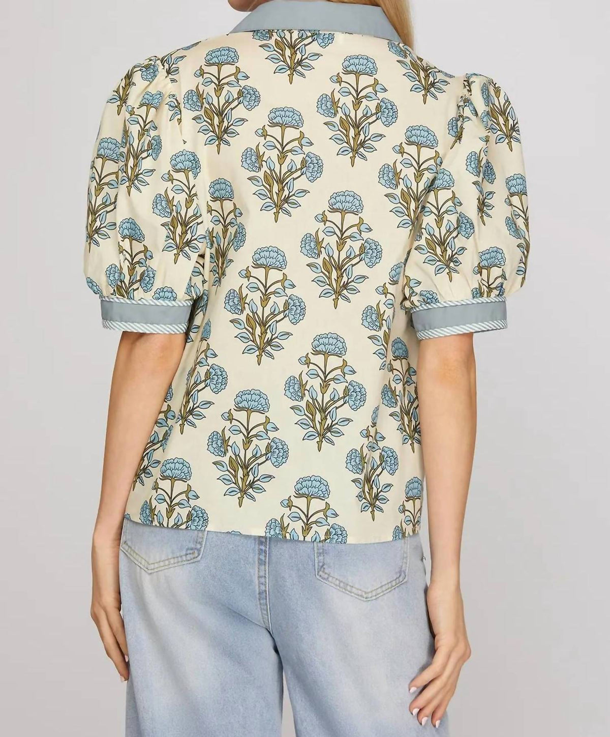 She + Sky - Floral Printed Collar Short Sleeve Blouse
