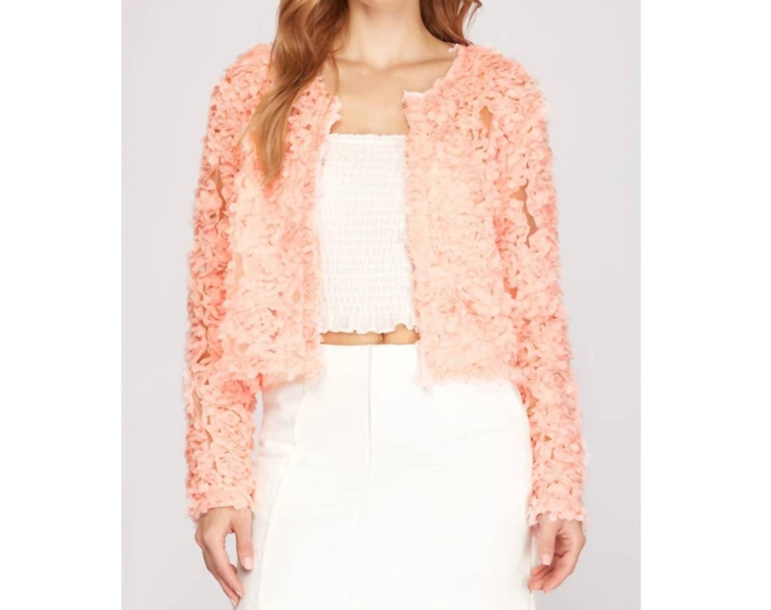 She + Sky - Flower Appliqué 3d Mesh Short Jacket Cardigan - cardigans - clothing - floral