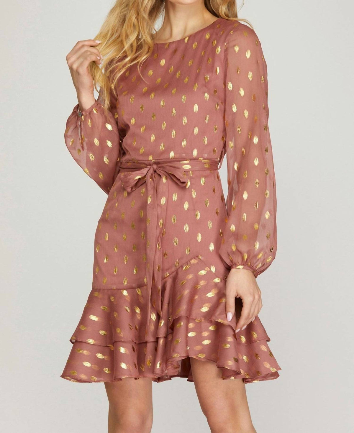 Gold-Dot Chiffon Dress With Ruffled Hem