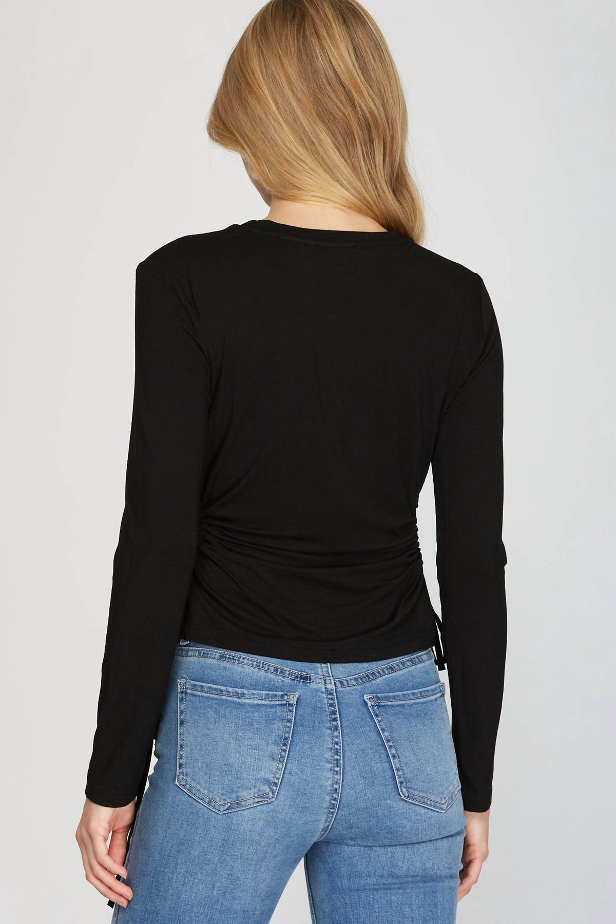 She + Sky - Long Sleeve Side Drawstring Ruched Cutout Knit Top