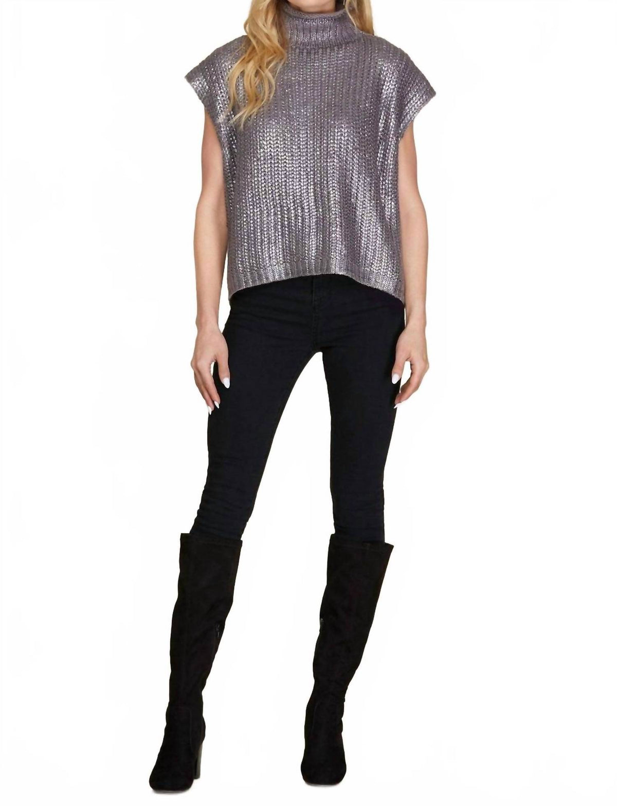 She + Sky - Metallic Ribbed Sweater Tank Top