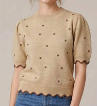 She + Sky - Short Sleeve Polka Dot Scalloped Sweater Top