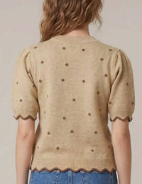 She + Sky - Short Sleeve Polka Dot Scalloped Sweater Top