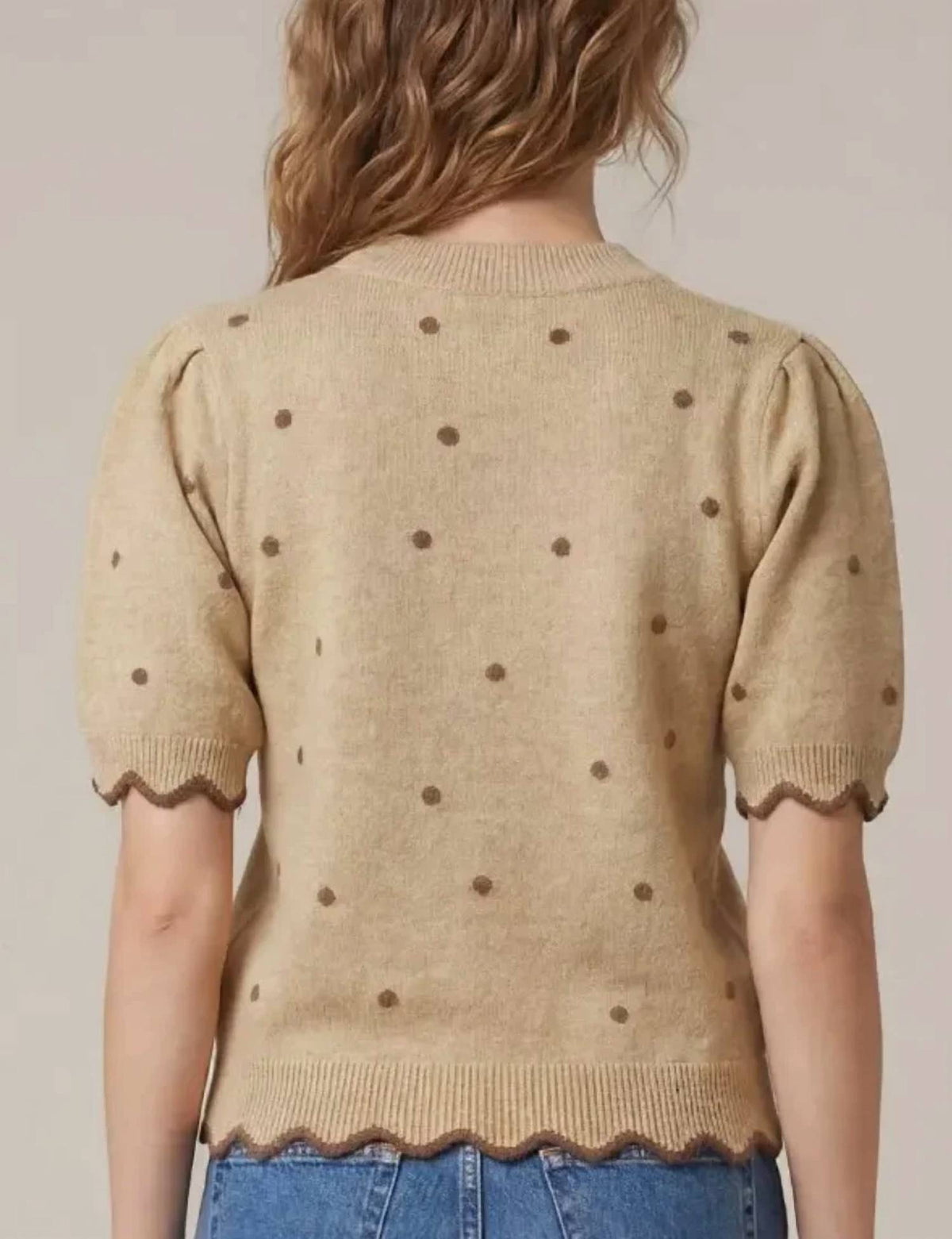She + Sky - Short Sleeve Polka Dot Scalloped Sweater Top