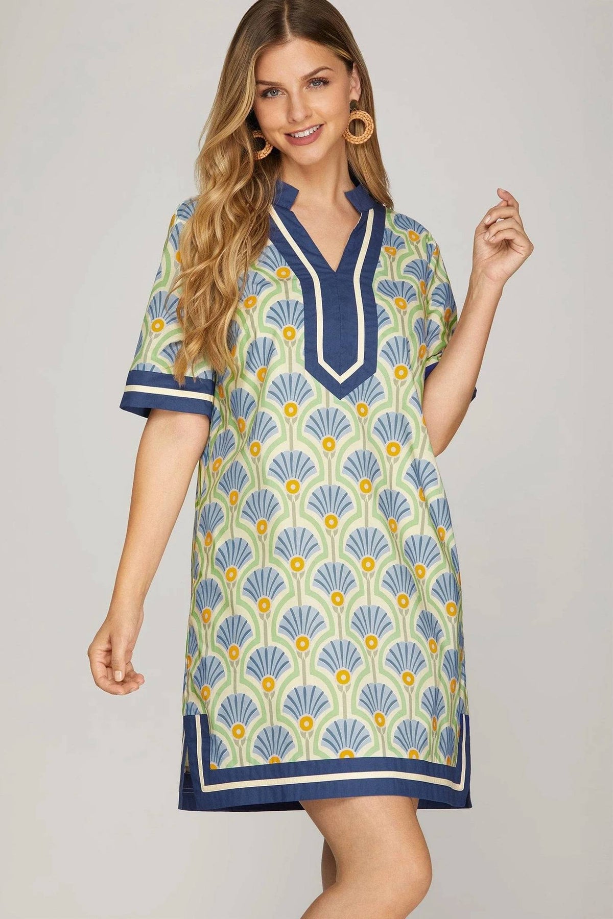 She + Sky - Short Sleeve Printed Dress With Solid Trim