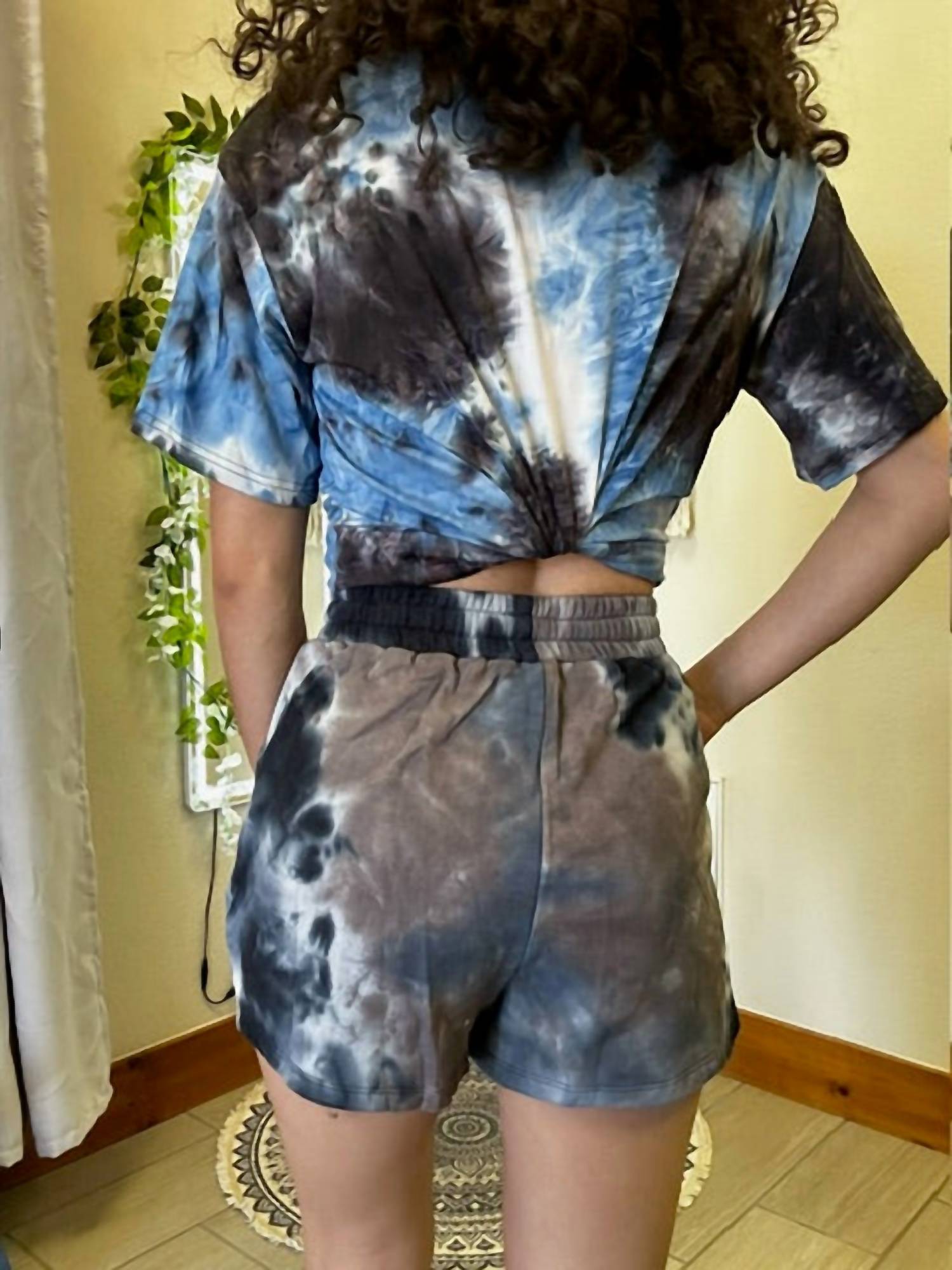 She + Sky - Tie Dyed French Terry Knit Shorts - blue - clothing - cotton