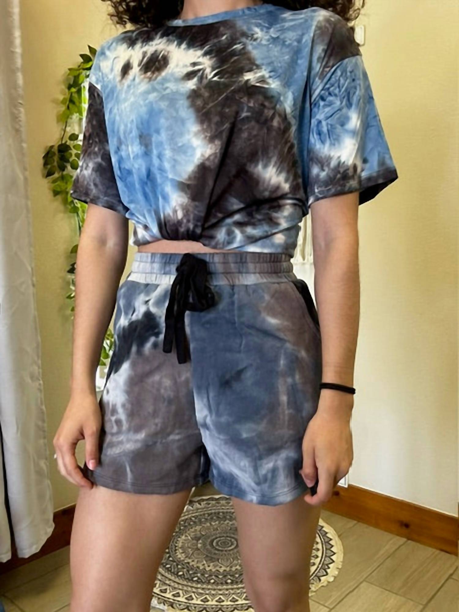 She + Sky - Tie Dyed French Terry Knit Shorts - blue - clothing - cotton