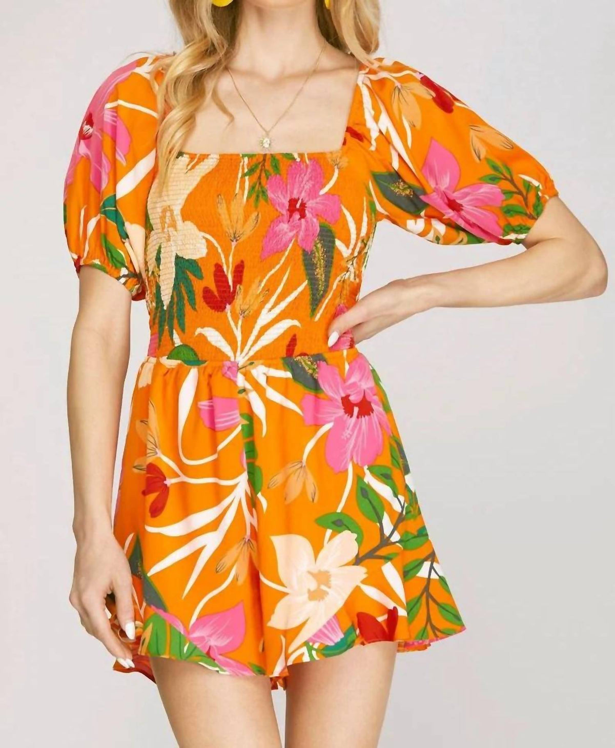 She + Sky - Tropical Paradise Square Neck Smoked Woven Romper