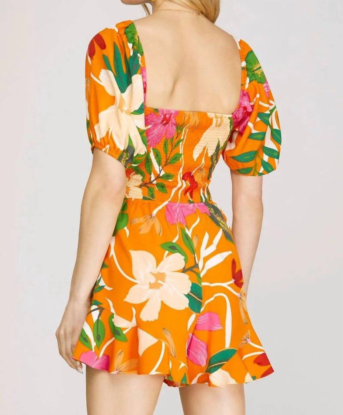 She + Sky - Tropical Paradise Square Neck Smoked Woven Romper