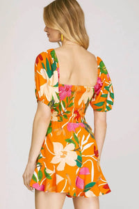 She + Sky - Tropical Paradise Square Neck Smoked Woven Romper