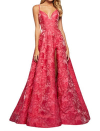 Sherri Hill - Deep V Neckline Prom Dress - clothing - dresses - patterned