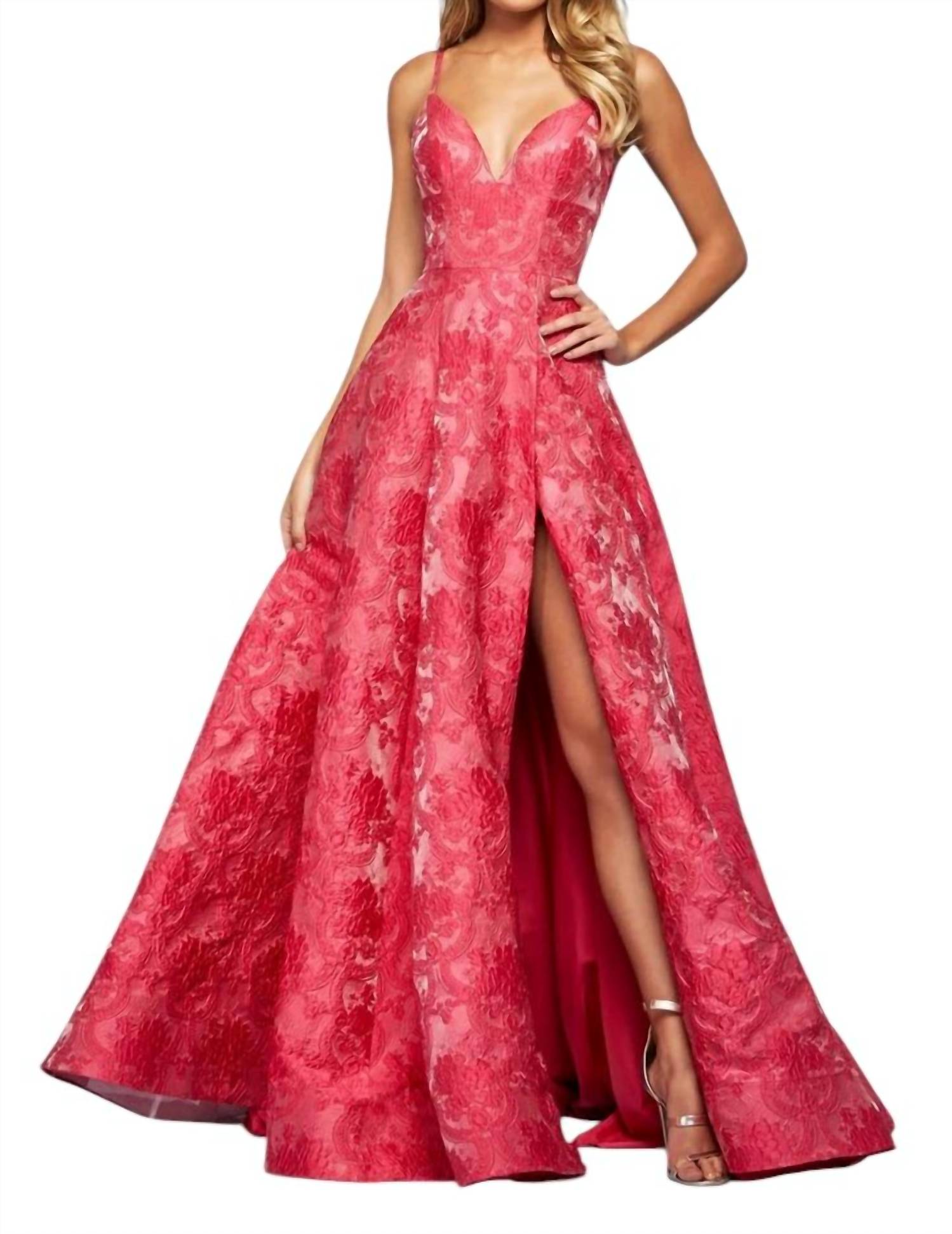 Sherri Hill - Deep V Neckline Prom Dress - clothing - dresses - patterned