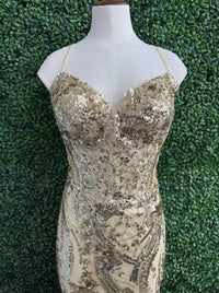 Sherri Hill - Fitted Sequin Lace Sheer Corset Bodice Gown - clothing - dresses - gold