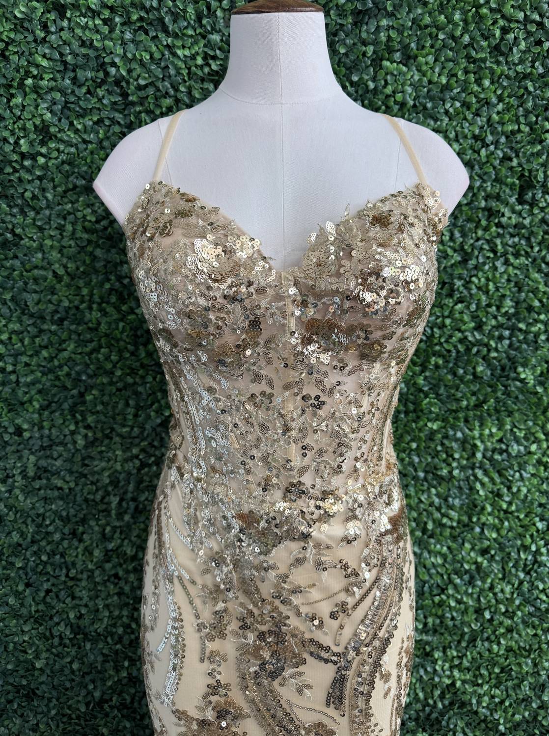 Sherri Hill - Fitted Sequin Lace Sheer Corset Bodice Gown - clothing - dresses - gold