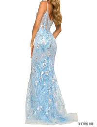 Sherri Hill - Fitted Sequin Lace Sheer Corset Bodice Gown - blue - clothing - dresses