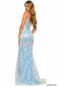 Sherri Hill - Fitted Sequin Lace Sheer Corset Bodice Gown - blue - clothing - dresses