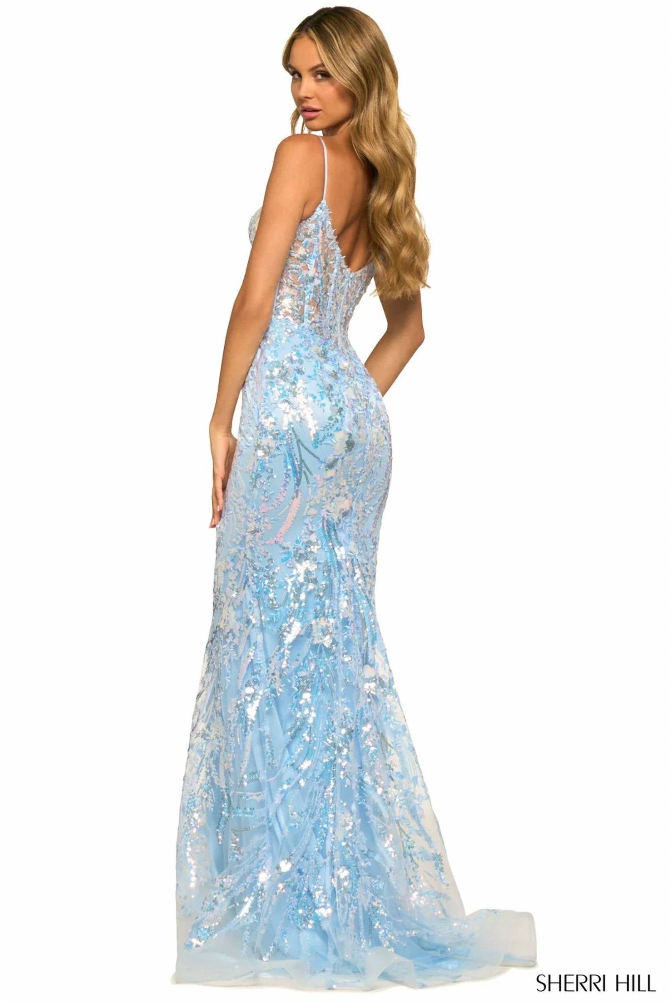 Sherri Hill - Fitted Sequin Lace Sheer Corset Bodice Gown - blue - clothing - dresses
