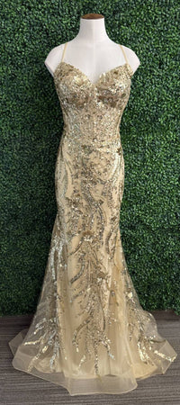 Sherri Hill - Fitted Sequin Lace Sheer Corset Bodice Gown - clothing - dresses - gold