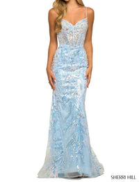 Sherri Hill - Fitted Sequin Lace Sheer Corset Bodice Gown - blue - clothing - dresses