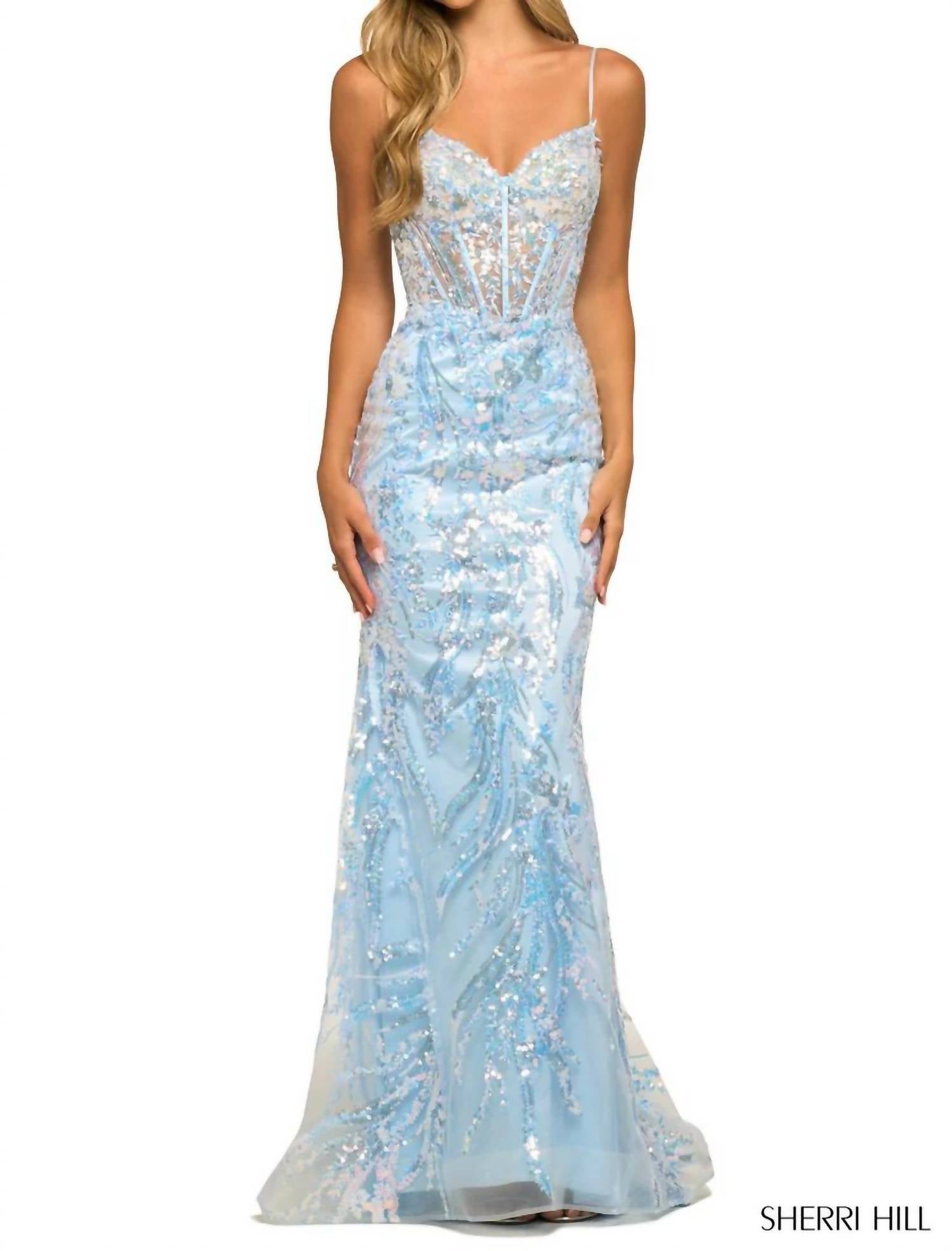 Sherri Hill - Fitted Sequin Lace Sheer Corset Bodice Gown - blue - clothing - dresses