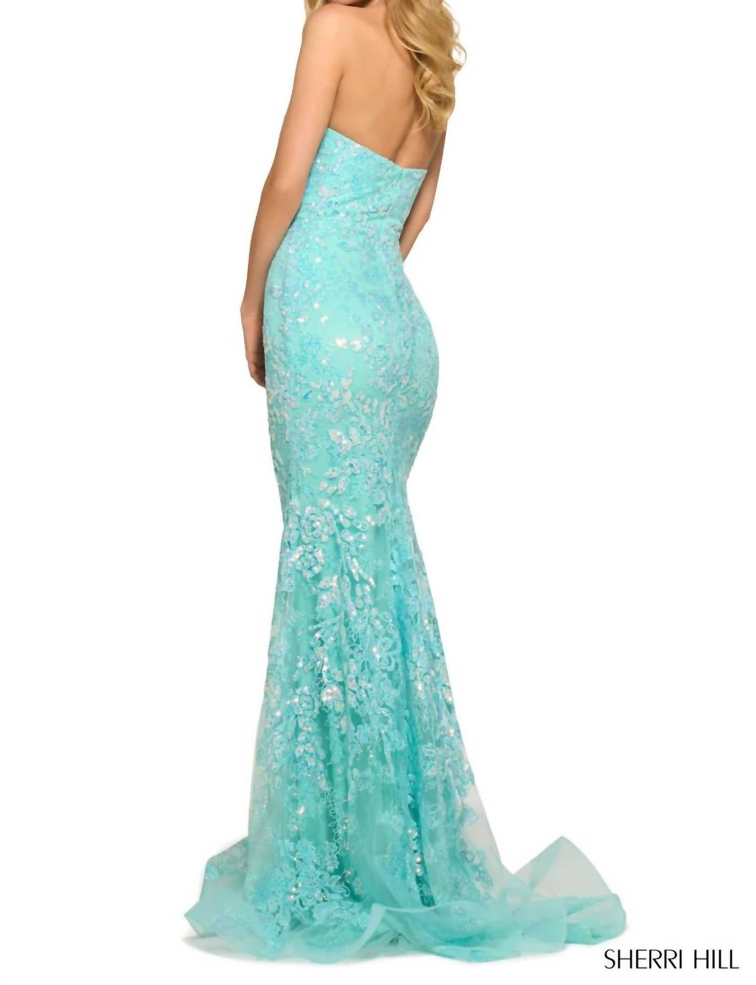 Sherri Hill - Strapless Sequin Lace Fitted Gown - blue - clothing - dresses
