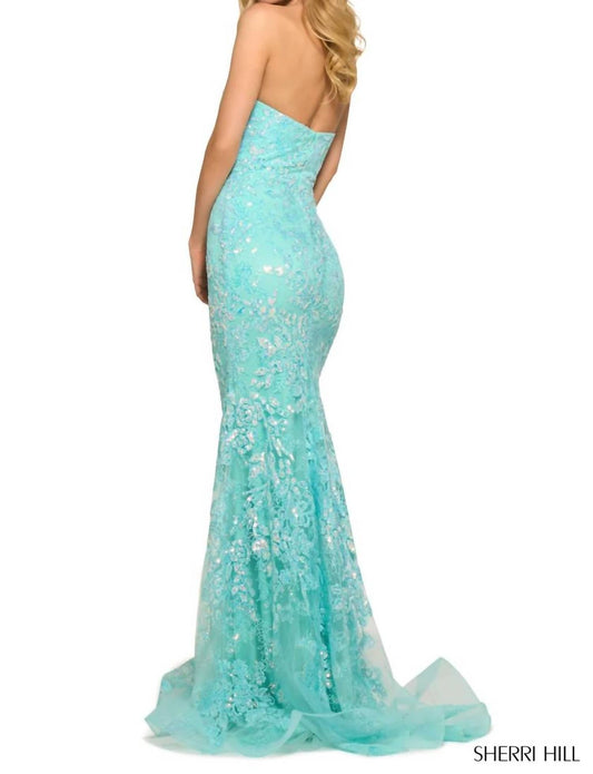Sherri Hill - Strapless Sequin Lace Fitted Gown - blue - clothing - dresses