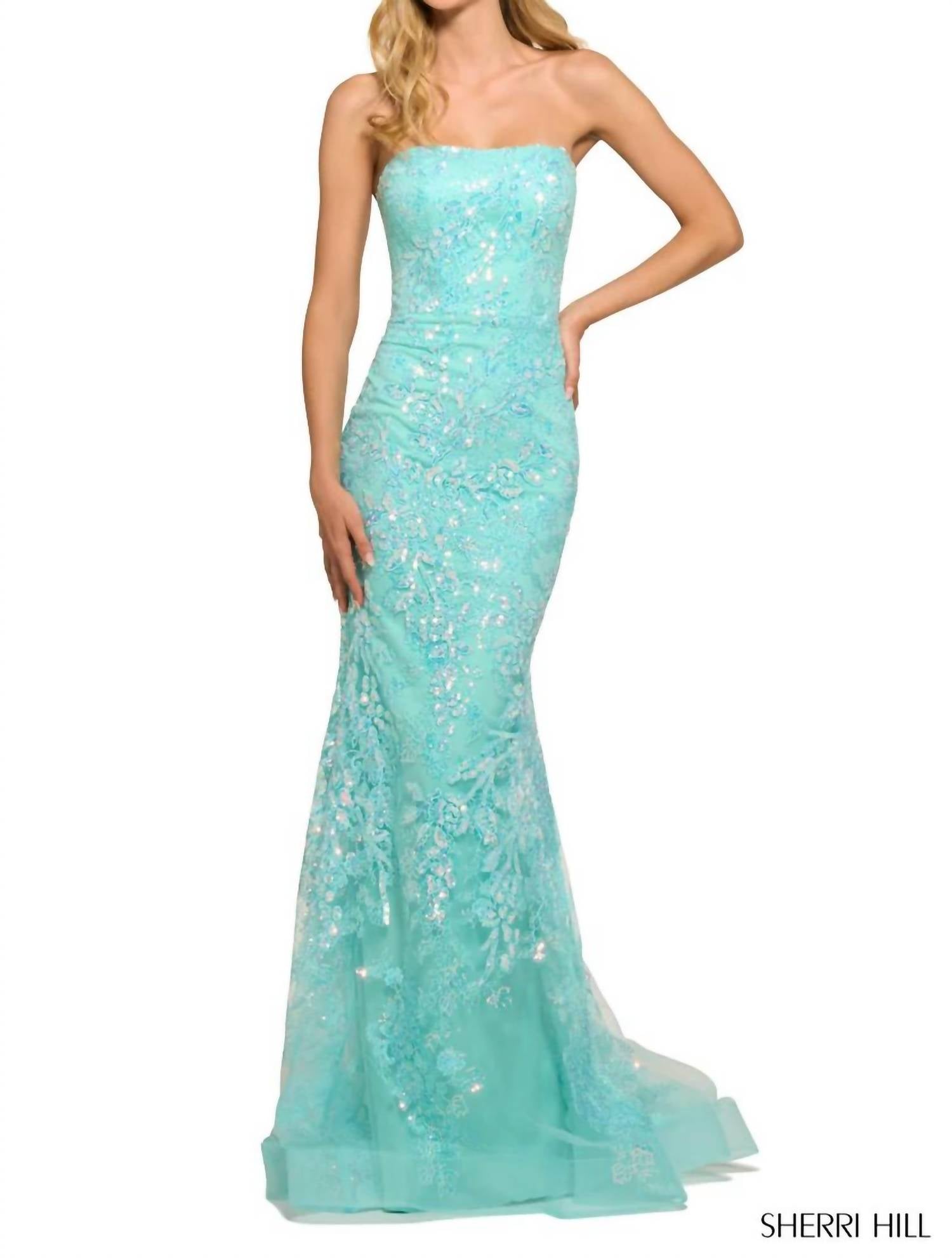 Sherri Hill - Strapless Sequin Lace Fitted Gown - blue - clothing - dresses