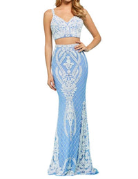 Sherri Hill - Two - piece Lace Back Fitted Prom Dress - blue - clothing - dresses
