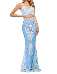 Sherri Hill - Two - piece Lace Back Fitted Prom Dress - blue - clothing - dresses