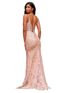 Sherri Hill - V - neck Fitted Lace Prom Dress - beige - clothing - dresses