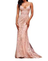 Sherri Hill - V - neck Fitted Lace Prom Dress - beige - clothing - dresses