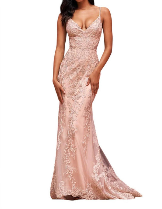 Sherri Hill - V - neck Fitted Lace Prom Dress - beige - clothing - dresses