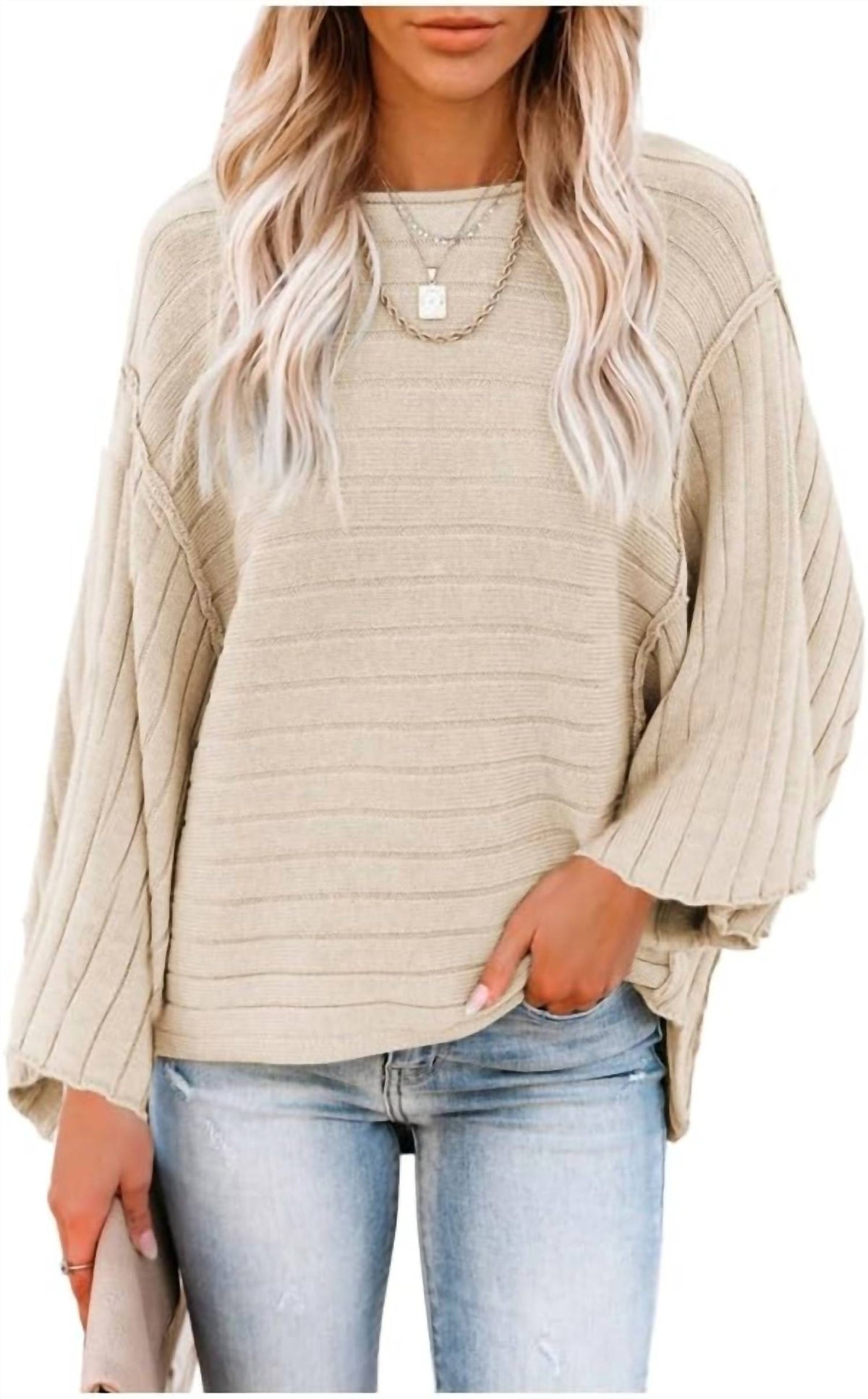 Shewin - 3/4 Sleeve Ribbed Sweater