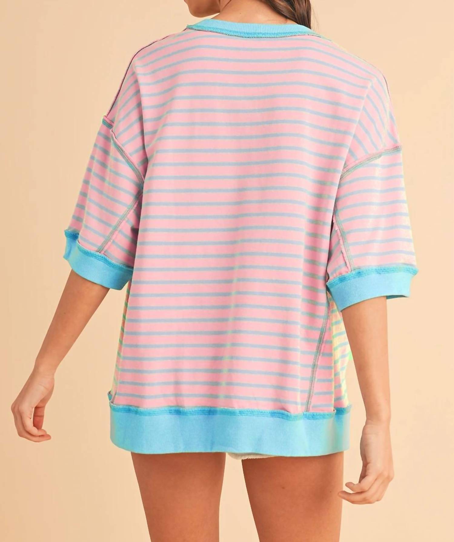 Shewin - Cotton Candy Striped Oversized Tee - blouses - blue - clothing