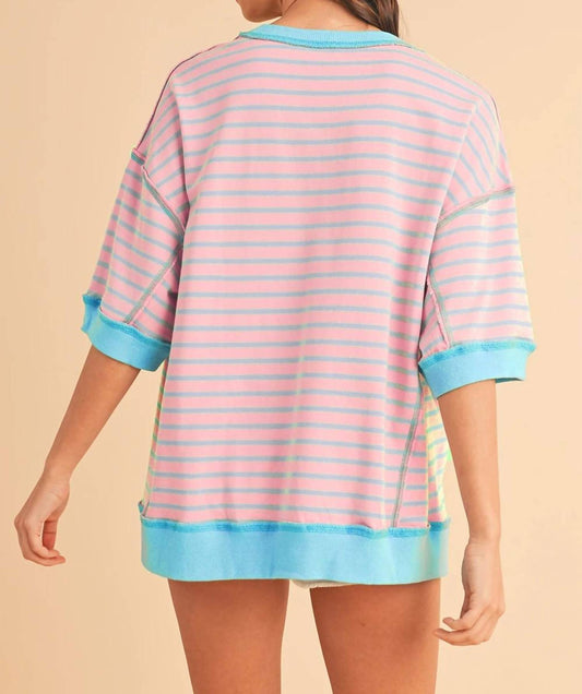 Shewin - Cotton Candy Striped Oversized Tee - blouses - blue - clothing